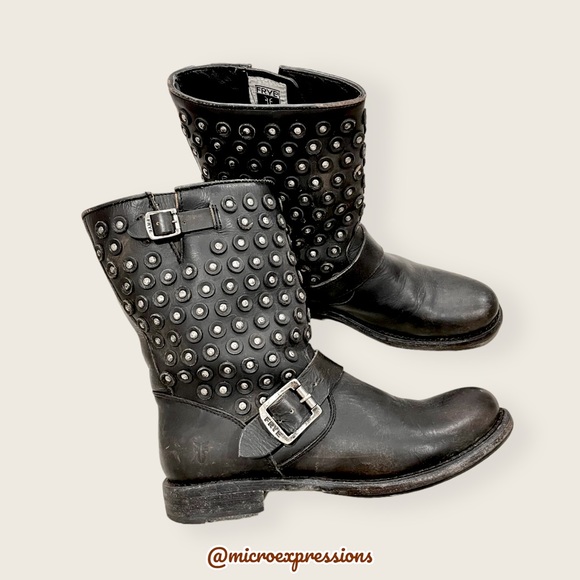 $389 Frye Jenna Studded Disc Vintage Distressed Black Leather Combat Short Boot - Picture 15 of 16